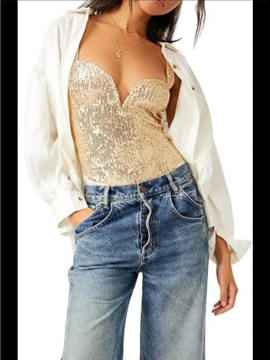 Free People Tops - Free People Gold Sequin Bodysuit Thong